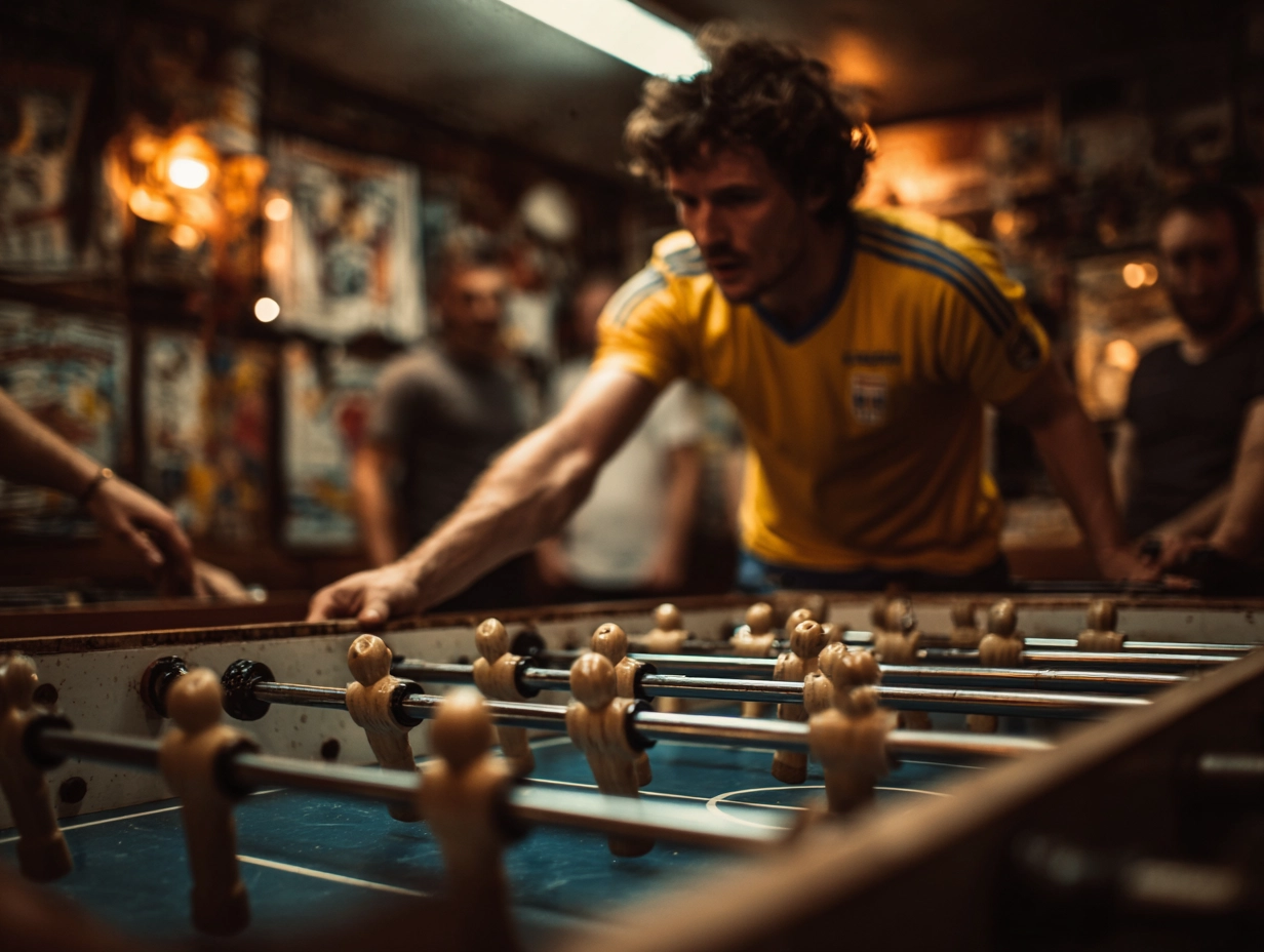 Ein Mann in einem gelben Trikot spielt in einem schwach beleuchteten, überfüllten Raum mit Postern an den Wänden intensiv Tischfussball Kicker. Andere Leute schauen im Hintergrund zu, leicht unscharf, als würden sie einem Showdown auf Giants-Niveau beiwohnen.