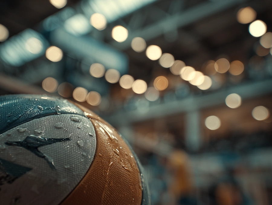 Eine Nahaufnahme eines nassen Volleyballs mit Wassertropfen auf seiner Oberfläche vor einem unscharfen Turnhallenhintergrund mit hellen, kreisförmigen Lichtern fängt die intensive Atmosphäre des Volleyballspiels ein.