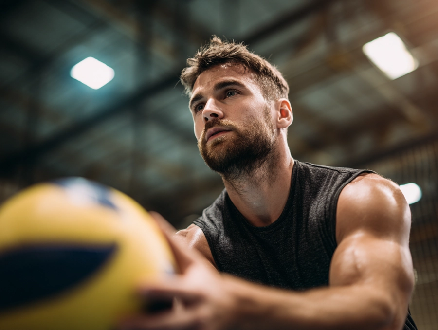 Ein konzentrierter junger Mann in einem ärmellosen Hemd hält einen Volleyball in einer Sporthalle, mit verschwommenen Lichtern und der Struktur des Volleyballfeldes im Hintergrund.