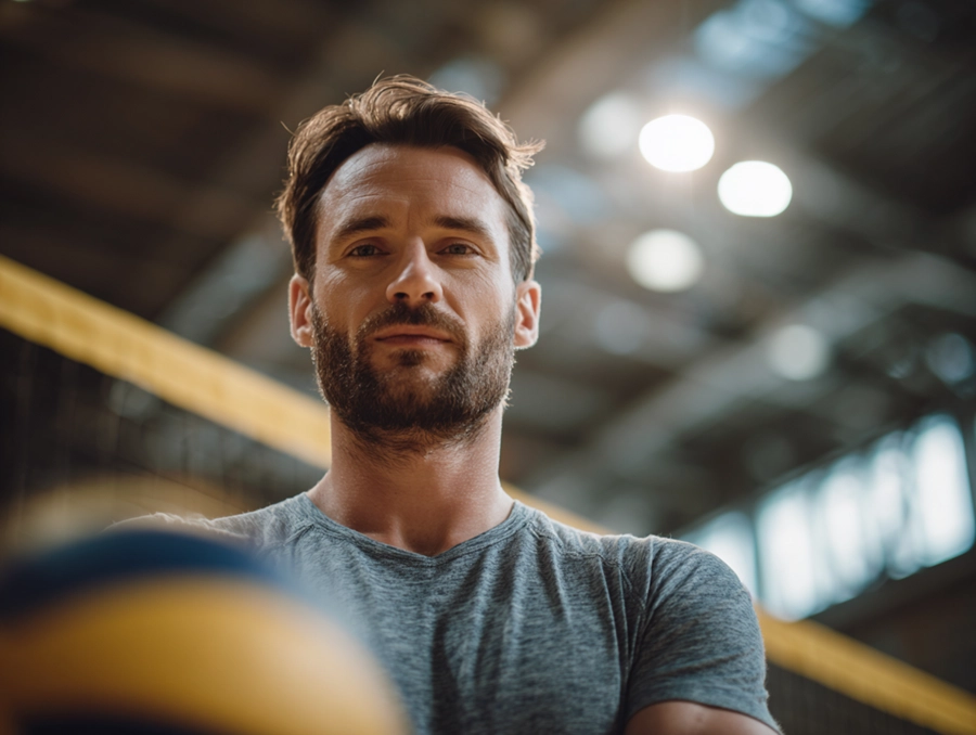 Ein Mann mit kurzen braunen Haaren und Bart steht in einem Innenraum in der Nähe eines Volleyballnetzes und trägt ein graues T-Shirt. Im Vordergrund ist ein Volleyball zu sehen und über dem Volleyballfeld leuchten helle Lichter.
