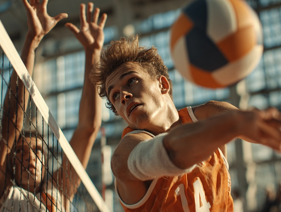 Ein Volleyballspieler in einem orangefarbenen Trikot bereitet sich darauf vor, den Volleyball über das Netz zu schlagen, während ein Gegner mit erhobenen Armen versucht, ihn zu blocken. Das Geschehen spielt sich in einer Halle unter hellem Tageslicht ab.
