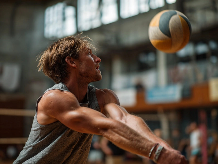 Ein muskulöser Mann bereitet sich darauf vor, einen Volleyball in der Halle zu stoßen, den Blick auf den Ball in der Luft gerichtet. Die hohen Fenster der Sporthalle und die unscharfen Zuschauer im Hintergrund verstärken die intensive, actiongeladene Volleyballatmosphäre.